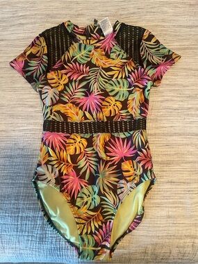 Tropical Print Swim suit - Pink, Teal, Black. size 10/12 girls